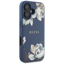 Guess Grained Printed Flower Pattern MagSafe dėklas iPhone 16 mėlynai