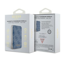 Guess Powerbank indukcinis 15W GUPB5FP4EMGB 5000mAh mėlynas / mėlynas 4G odinis metalinis logotipas MagSafe