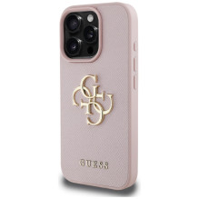 „Guess“ grūdėtas didelis 4G logotipas mažas klasikinis logotipo dėklas, skirtas „iPhone 16 Pro“ – rožinis