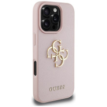 „Guess“ grūdėtas didelis 4G logotipas mažas klasikinis logotipo dėklas, skirtas „iPhone 16 Pro“ – rožinis