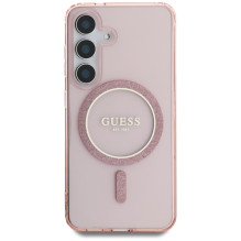 Guess Glitter Circle Classic Logo MagSafe dėklas, skirtas Samsung Galaxy S25 Pink