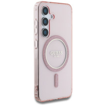 Guess Glitter Circle Classic Logo MagSafe dėklas, skirtas Samsung Galaxy S25 Pink
