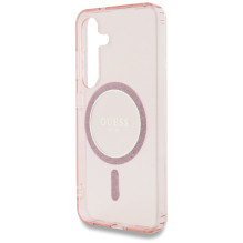 Guess Glitter Circle Classic Logo MagSafe dėklas, skirtas Samsung Galaxy S25 Pink
