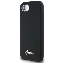 Guess Silicone Script metalinis logotipas MagSafe iPhone 16e dėklas – juodas