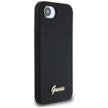 Guess Silicone Script metalinis logotipas MagSafe iPhone 16e dėklas – juodas