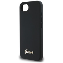 Guess Silicone Script metalinis logotipas MagSafe iPhone 16e dėklas – juodas