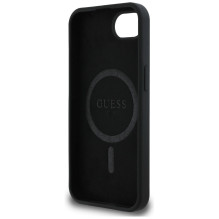 Guess Silicone Script metalinis logotipas MagSafe iPhone 16e dėklas – juodas