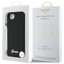 Guess Silicone Script metalinis logotipas MagSafe iPhone 16e dėklas – juodas