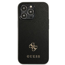 Guess Saffiano 4G mažas metalinis logotipo dėklas, skirtas iPhone 13 Pro / 13 6.1' - juodas