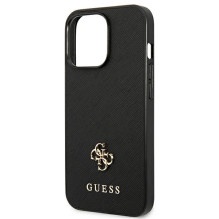 Guess Saffiano 4G mažas metalinis logotipo dėklas, skirtas iPhone 13 Pro / 13 6.1' - juodas