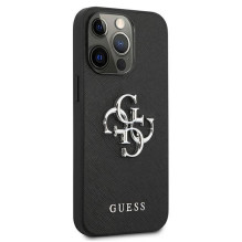 Guess Saffiano 4G metalinis logotipo dėklas, skirtas iPhone 13 Pro / 13 6.1' - juodas