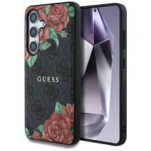 Guess Leather 4G Flowers Print Metal Classic Logo MagSafe dėklas, skirtas Samsung Galaxy S25 - juodas