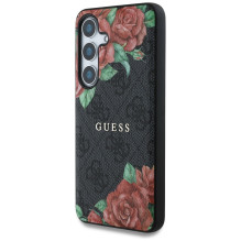 Guess Leather 4G Flowers Print Metal Classic Logo MagSafe dėklas, skirtas Samsung Galaxy S25 - juodas