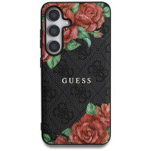 Guess Leather 4G Flowers Print Metal Classic Logo MagSafe dėklas, skirtas Samsung Galaxy S25 - juodas