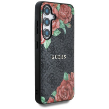 Guess Leather 4G Flowers Print Metal Classic Logo MagSafe dėklas, skirtas Samsung Galaxy S25 - juodas