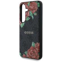 Guess Leather 4G Flowers Print Metal Classic Logo MagSafe dėklas, skirtas Samsung Galaxy S25 - juodas