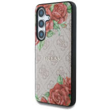 Guess Leather 4G Flowers Print Metal Classic Logo MagSafe dėklas, skirtas Samsung Galaxy S25 – rožinis