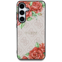 Guess Leather 4G Flowers Print Metal Classic Logo MagSafe dėklas, skirtas Samsung Galaxy S25 – rožinis