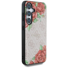 Guess Leather 4G Flowers Print Metal Classic Logo MagSafe Case for Samsung Galaxy S25 - Pink