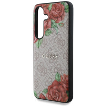 Guess Leather 4G Flowers Print Metal Classic Logo MagSafe dėklas, skirtas Samsung Galaxy S25 – rožinis