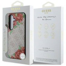 Guess Leather 4G Flowers Print Metal Classic Logo MagSafe dėklas, skirtas Samsung Galaxy S25 – rožinis