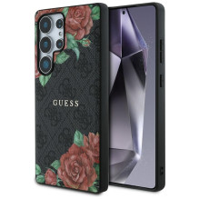 Guess Leather 4G Flowers Print Metal Classic Logo MagSafe dėklas, skirtas Samsung Galaxy S25 Ultra - juodas