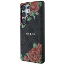 Guess Leather 4G Flowers Print Metal Classic Logo MagSafe dėklas, skirtas Samsung Galaxy S25 Ultra - juodas