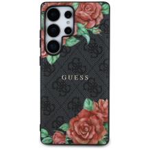 Guess Leather 4G Flowers Print Metal Classic Logo MagSafe dėklas, skirtas Samsung Galaxy S25 Ultra - juodas