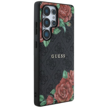 Guess Leather 4G Flowers Print Metal Classic Logo MagSafe dėklas, skirtas Samsung Galaxy S25 Ultra - juodas
