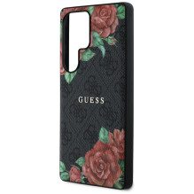 Guess Leather 4G Flowers Print Metal Classic Logo MagSafe dėklas, skirtas Samsung Galaxy S25 Ultra - juodas