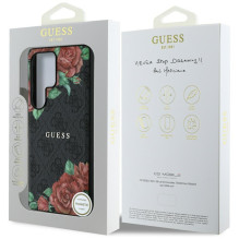 Guess Leather 4G Flowers Print Metal Classic Logo MagSafe dėklas, skirtas Samsung Galaxy S25 Ultra - juodas