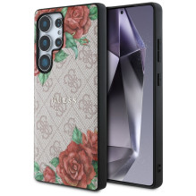 Guess Leather 4G Flowers Print Metal Classic Logo MagSafe dėklas, skirtas Samsung Galaxy S25 Ultra – rožinis