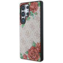 Guess Leather 4G Flowers Print Metal Classic Logo MagSafe dėklas, skirtas Samsung Galaxy S25 Ultra – rožinis
