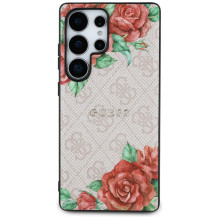 Guess Leather 4G Flowers Print Metal Classic Logo MagSafe dėklas, skirtas Samsung Galaxy S25 Ultra – rožinis