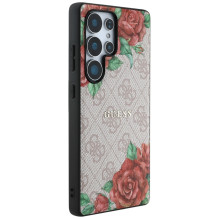 Guess Leather 4G Flowers Print Metal Classic Logo MagSafe dėklas, skirtas Samsung Galaxy S25 Ultra – rožinis