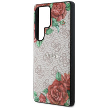 Guess Leather 4G Flowers Print Metal Classic Logo MagSafe dėklas, skirtas Samsung Galaxy S25 Ultra – rožinis