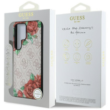 Guess Leather 4G Flowers Print Metal Classic Logo MagSafe dėklas, skirtas Samsung Galaxy S25 Ultra – rožinis