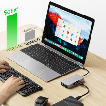 Tech-Protect HB05 HUB 9in1 USB-C + USB2.0 + USB3.0 + HDMI 4K 60HZ + SD / TF + PD100W + RJ45 adapteris - pilkas