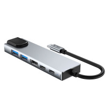 Tech-Protect HB02 HUB adapteris 6in1 USB-C + USB2.0 + USB3.0 + HDMI 4K 30Hz + RJ45 + PD100W - pilka