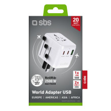 SBS Travel Adapter 2xUSB-C 1xUSB-A Universal - White