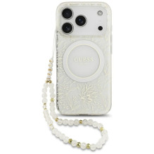 „Guess IML Flowers Electro Pearl Strap MagSafe“ dėklas, skirtas „iPhone 17 Pro“ – baltas