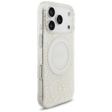 „Guess IML Flowers Electro Pearl Strap MagSafe“ dėklas, skirtas „iPhone 17 Pro“ – baltas