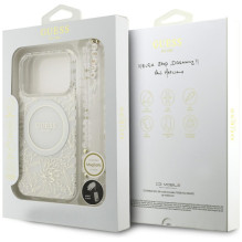 „Guess IML Flowers Electro Pearl Strap MagSafe“ dėklas, skirtas „iPhone 17 Pro“ – baltas