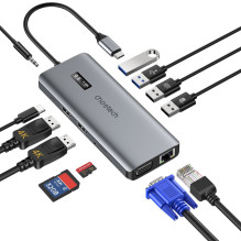 Choetech daugiafunkcis HUB su ekranu 12in1 USB-C į USB-C / USB-A / HDMI / VGA / AUX / SD / TF pilka (HUB-M26)