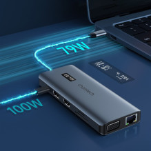 Choetech daugiafunkcis HUB su ekranu 12in1 USB-C į USB-C / USB-A / HDMI / VGA / AUX / SD / TF pilka (HUB-M26)
