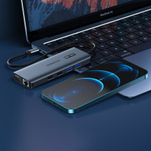 Choetech daugiafunkcis HUB su ekranu 12in1 USB-C į USB-C / USB-A / HDMI / VGA / AUX / SD / TF pilka (HUB-M26)