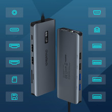 Choetech daugiafunkcis HUB su ekranu 12in1 USB-C į USB-C / USB-A / HDMI / VGA / AUX / SD / TF pilka (HUB-M26)