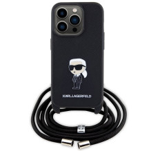 Karl Lagerfeld Crossbody Saffiano Monogram Metal Pin Karl Choupette Dėklas, skirtas iPhone 15 Pro – juodas