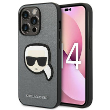 „Karl Lagerfeld Saffiano“ „Karl's Head Patch“ dėklas, skirtas „iPhone 14 Pro“ – sidabrinis