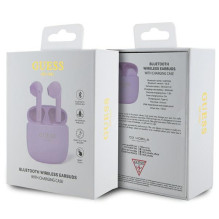 Guess GUTWST26PSU TWS Bluetooth ausinės + prijungimo stotelė - violetinis klasikinis EST logotipas